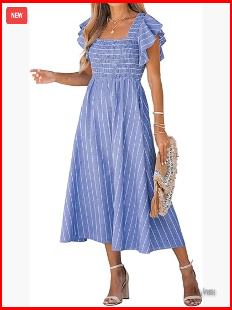 Square Neck Smocked Maxi Dress With Ruffled Cap Sleeves, A-Line Formal
